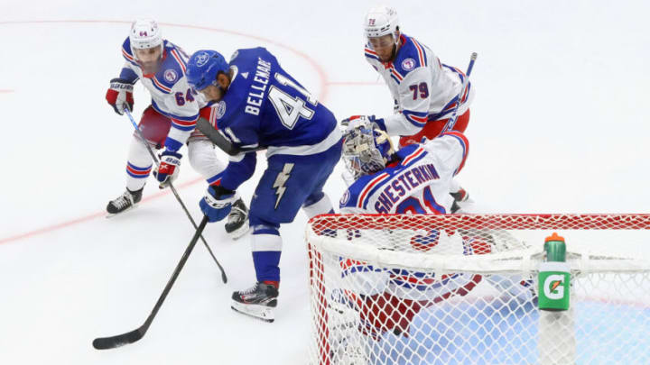 TAMPA, FLORIDA - JUNE 05: The New York Rangers defend against Pierre-Edouard Bellemare #41 of the Tampa Bay Lightning in Game Three of the Eastern Conference Final of the 2022 Stanley Cup Playoffs at Amalie Arena on June 05, 2022 in Tampa, Florida. (Photo by Bruce Bennett/Getty Images)