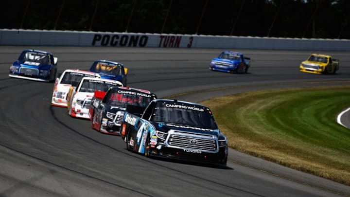 LONG POND, PA - JULY 29: Christopher Bell, driver of the #4 SiriusXM Toyota, leads a pack of trucks during the NASCAR Camping World Truck Series Overton's 150 at Pocono Raceway on July 29, 2017 in Long Pond, Pennsylvania. (Photo by Jared C. Tilton/Getty Images)