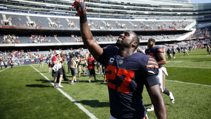 CHICAGO, IL - SEPTEMBER 24: Sherrick McManis #27 of the Chicago Bears celebrates after the Chicago Bears defeated the Pittsburgh Steelers 23-17 at Soldier Field on September 24, 2017 in Chicago, Illinois. (Photo by Joe Robbins/Getty Images)