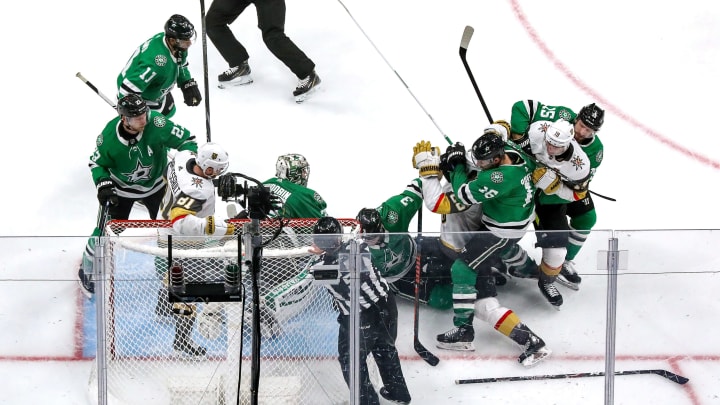 The Vegas Golden Knights and Dallas Star scuffle during the third period in Game Four