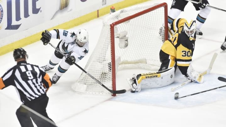 May 30, 2016; Pittsburgh, PA, USA; San Jose Sharks center Patrick Marleau (12) scores a goal past Pittsburgh Penguins goalie Matt Murray (30) in the second period in game one of the 2016 Stanley Cup Final at Consol Energy Center. Mandatory Credit: Don Wright-USA TODAY Sports