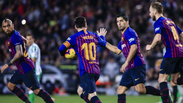 10 Leo Messi from Argentina of FC Barcelona returns to play after the recovery of his arm injury celebrating his goal during the Spanish league football match between FC Barcelona and Real Betis at the Camp Nou stadium in Barcelona on November 11, 2018. (Photo by Xavier Bonilla/NurPhoto via Getty Images)