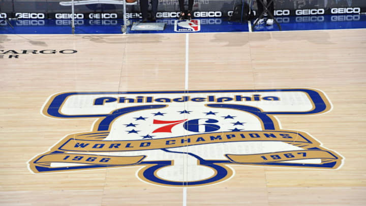 PHILADELPHIA,PA - MARCH 4 : Here is the vintage logo prior to the Philadelphia 76ers against the Detroit Pistons at Wells Fargo Center on March 4, 2017 in Philadelphia, Pennsylvania NOTE TO USER: User expressly acknowledges and agrees that, by downloading and/or using this Photograph, user is consenting to the terms and conditions of the Getty Images License Agreement. Mandatory Copyright Notice: Copyright 2017 NBAE (Photo by Jesse D. Garrabrant/NBAE via Getty Images)