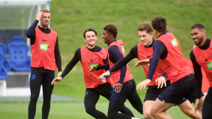 BURTON-UPON-TRENT, ENGLAND – SEPTEMBER 10: Ben Chilwell and Demarai Gray of England warm up with team mates during a training session at St Georges Park on September 10, 2018 in Burton-upon-Trent, England. (Photo by Michael Regan/Getty Images)