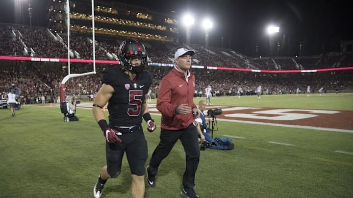 October 8, 2016; Stanford, CA, USA; Stanford Cardinal running back Christian McCaffrey (5) leaves the field during the third quarter against the Washington State Cougars at Stanford Stadium. Mandatory Credit: Kyle Terada-USA TODAY Sports