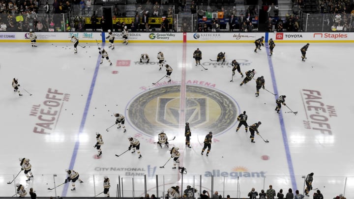 LAS VEGAS, NEVADA – OCTOBER 08: A general view shows the Boston Bruins and the Vegas Golden Knights warming up before their game at T-Mobile Arena on October 8, 2019 in Las Vegas, Nevada. The Bruins defeated the Golden Knights 4-3. (Photo by Ethan Miller/Getty Images)