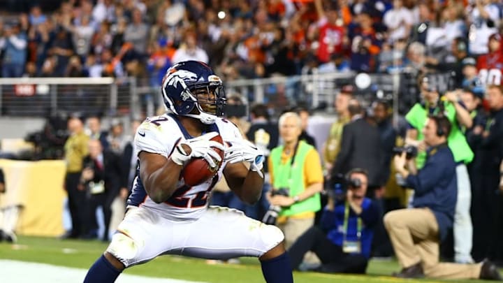 Feb 7, 2016; Santa Clara, CA, USA; Denver Broncos running back C.J. Anderson (22) celebrates after scoring a touchdown against the Carolina Panthers in the fourth quarter in Super Bowl 50 at Levi