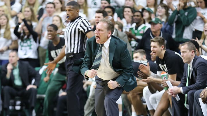 EAST LANSING, MI – JANUARY 13: Head coach Tom Izzo of the Michigan State Spartans reacts to a play during a game against the Michigan Wolverines at Breslin Center on January 13, 2018 in East Lansing, Michigan. (Photo by Rey Del Rio/Getty Images)