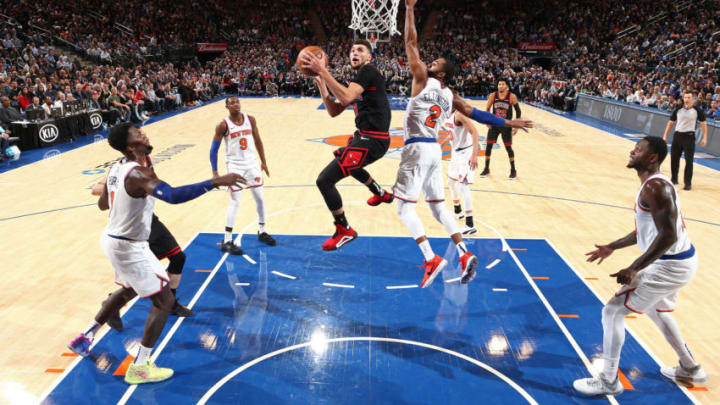 NEW YORK, NY - OCTOBER 28: Zach LaVine #8 of the Chicago Bulls drives to the basket against the New York Knicks on October 28, 2019 at Madison Square Garden in New York City, New York. NOTE TO USER: User expressly acknowledges and agrees that, by downloading and or using this photograph, User is consenting to the terms and conditions of the Getty Images License Agreement. Mandatory Copyright Notice: Copyright 2019 NBAE (Photo by Nathaniel S. Butler/NBAE via Getty Images)