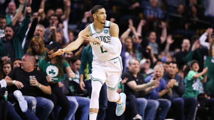 BOSTON, MA - MAY 27: Jayson Tatum #0 of the Boston Celtics celebrates after hitting a three point shot against the Cleveland Cavaliers during Game Seven of the 2018 NBA Eastern Conference Finals at TD Garden on May 27, 2018 in Boston, Massachusetts. (Photo by Maddie Meyer/Getty Images)