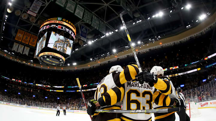 Fantasy Hockey: BOSTON, MASSACHUSETTS - JANUARY 14: Brad Marchand #63 of the Boston Bruins celebrates with Charlie McAvoy #73 and Patrice Bergeron #37 after scoring a goal against the Montreal Canadiens during the first period at TD Garden on January 14, 2019 in Boston, Massachusetts. (Photo by Maddie Meyer/Getty Images)