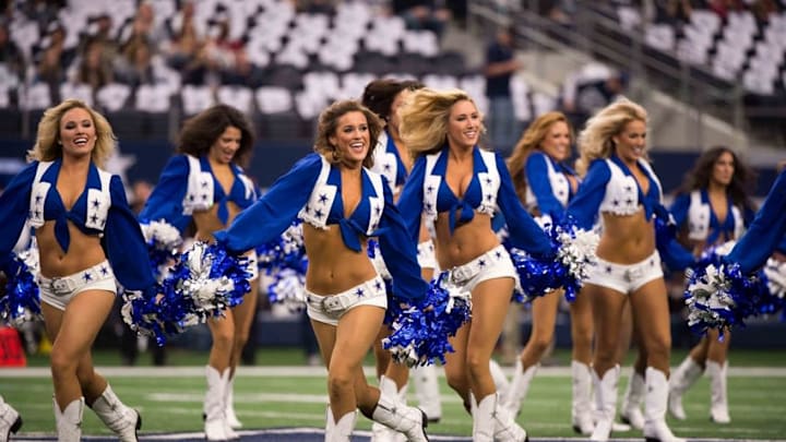 Jan 3, 2016; Arlington, TX, USA; The Dallas Cowboys cheerleaders perform during the game between the Dallas Cowboys and the Washington Redskins at AT&T Stadium. The Redskins defeat the Cowboys 34-23. Mandatory Credit: Jerome Miron-USA TODAY Sports