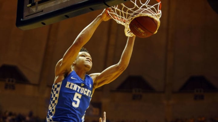 MORGANTOWN, WV - JANUARY 27: Kevin Knox #5 of the Kentucky Wildcats dunks against the West Virginia Mountaineers at the WVU Coliseum on January 27, 2018 in Morgantown, West Virginia. (Photo by Justin K. Aller/Getty Images)