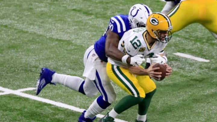 INDIANAPOLIS, INDIANA – NOVEMBER 22: Justin Houston #50 of the Indianapolis Colts sacks Aaron Rodgers #12 of the Green Bay Packers during the first quarter in the game at Lucas Oil Stadium on November 22, 2020 in Indianapolis, Indiana. (Photo by Andy Lyons/Getty Images)