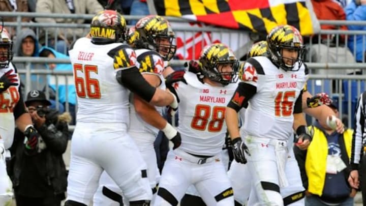 Nov 1, 2014; University Park, PA, USA; Maryland Terrapins players celebrate a touchdown by tight end P.J. Gallo (88) against the Penn State Nittany Lions during the second quarter at Beaver Stadium. Mandatory Credit: Rich Barnes-USA TODAY Sports Nov 1, 2014; University Park, PA, USA; Maryland Terrapins players celebrate a touchdown by tight end P.J. Gallo (88) against the Penn State Nittany Lions during the second quarter at Beaver Stadium. Mandatory Credit: Rich Barnes-USA TODAY Sports