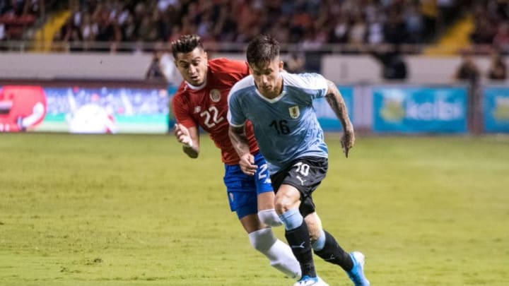 Uruguay's midfielder Brian Rodriguez (R) vies for the ball with Costa Rica's defender Ronald Matarrita during the internatioanl friendly football match between Uruguay and Costa Rica at National stadium in San Jose, Costa Rica on September 6, 2019. (Photo by Ezequiel BECERRA / AFP) (Photo credit should read EZEQUIEL BECERRA/AFP/Getty Images)