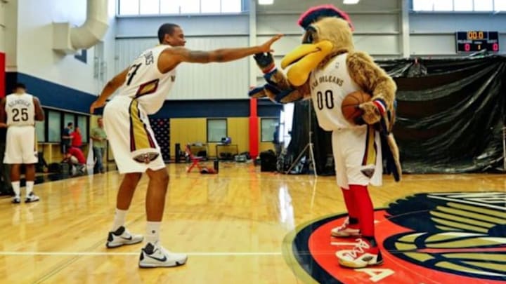 Sep 28, 2015; New Orleans, LA, USA; New Orleans Pelicans guard Bryce Dejean-Jones (31) and mascot Pierre the Pelican play one on one basketball during Media Day at the Pelicans Practice Facility. Mandatory Credit: Derick E. Hingle-USA TODAY Sports