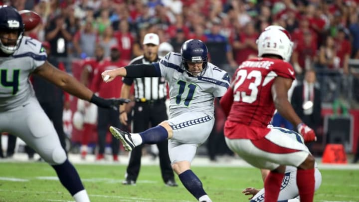 GLENDALE, AZ - SEPTEMBER 30: Kicker Sebastian Janikowski #11 of the Seattle Seahawks misses a field goal during the second quarter against the Arizona Cardinals at State Farm Stadium on September 30, 2018 in Glendale, Arizona. (Photo by Ralph Freso/Getty Images)