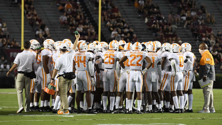 COLUMBIA, SOUTH CAROLINA – SEPTEMBER 26: Socially distant fans look on at the Tennessee Volunteers huddle during the Volunteers’ football game against the South Carolina Gamecocks at Williams-Brice Stadium on September 26, 2020 in Columbia, South Carolina. (Photo by Mike Comer/Getty Images)