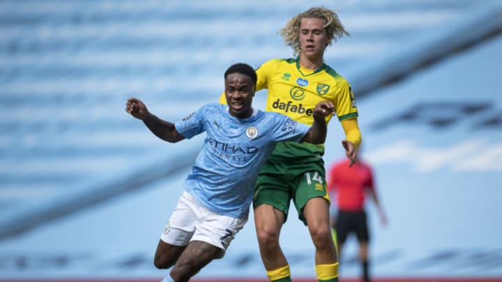 MANCHESTER, ENGLAND - JULY 26: Raheem Sterling of Manchester City and Todd Cantwell of Norwich City in action during the Premier League match between Manchester City and Norwich City at the Etihad Stadium on July 26, 2020 in Manchester, United Kingdom. (Photo by Visionhaus)