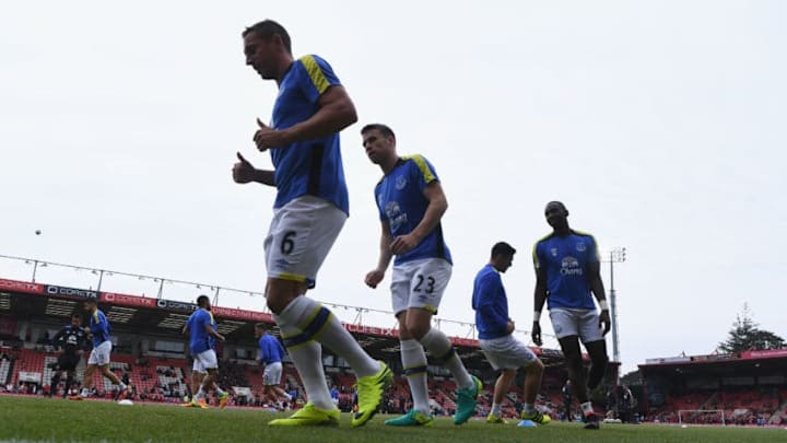 BOURNEMOUTH, ENGLAND - SEPTEMBER 24: Phil Jagielka of Everton and Seamus Coleman of Everton warm up prior to kick off during the Premier League match between AFC Bournemouth and Everton at the Vitality Stadium on September 24, 2016 in Bournemouth, England. (Photo by Mike Hewitt/Getty Images)