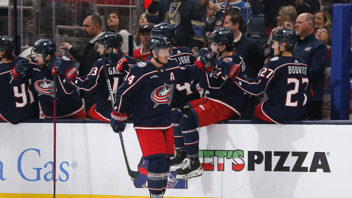 Dec 31, 2022; Columbus, Ohio, USA; Columbus Blue Jackets center Gustav Nyquist (14) celebrates his goal against the Chicago Blackhawks during the second period at Nationwide Arena. Mandatory Credit: Russell LaBounty-USA TODAY Sports