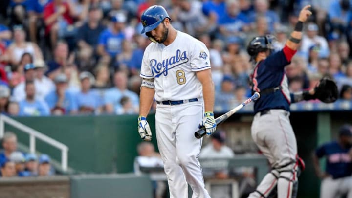 The Kansas City Royals' Mike Moustakas walks back to the dugout after striking out in the first inning against the Boston Red Sox on Friday, July 6, 2018, at Kauffman Stadium in Kansas City, Mo. (John Sleezer/Kansas City Star/TNS via Getty Images)