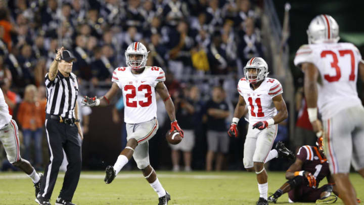 BLACKSBURG, VA - SEPTEMBER 7: Tyvis Powell #23 of the Ohio State Buckeyes celebrates after intercepting a pass against the Virginia Tech Hokies in the third quarter at Lane Stadium on September 7, 2015 in Blacksburg, Virginia. (Photo by Joe Robbins/Getty Images)