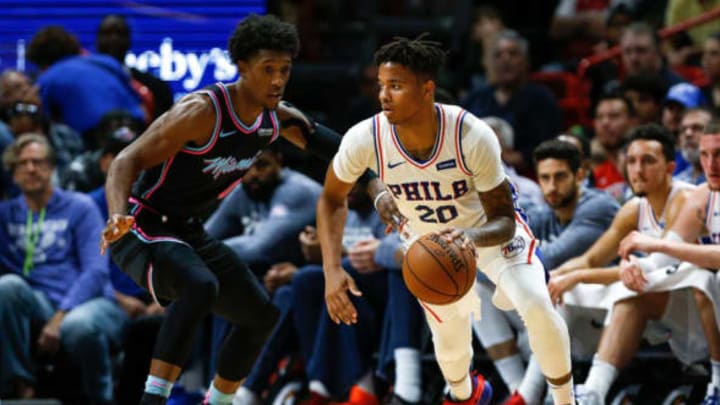 MIAMI, FL – NOVEMBER 12: Markelle Fultz #20 of the Philadelphia 76ers drives to the basket against Josh Richardson #0 of the Miami Heat during the first half at American Airlines Arena on November 12, 2018 in Miami, Florida. NOTE TO USER: User expressly acknowledges and agrees that, by downloading and or using this photograph, User is consenting to the terms and conditions of the Getty Images License Agreement. (Photo by Michael Reaves/Getty Images)