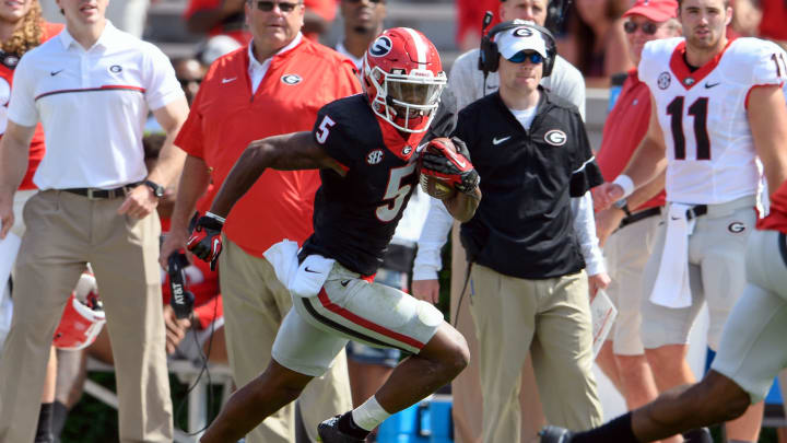 Apr 22, 2017; Athens, GA, USA; Georgia Bulldogs black team wide receiver Terry Godwin (5) runs against the red team after a catch during the second half during the Georgia Spring Game at Sanford Stadium. Red defeated Black 25-22. Mandatory Credit: Dale Zanine-USA TODAY Sports