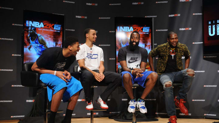 NEW YORK, NY - AUGUST 19: (L-R) NBA 2K15 Uncensored featured NBA stars Anthony Davis, Stephen Curry, James Harden and Kevin Durant attend a roundtable discussion at Baruch College on August 19, 2014 in New York City. Visit http://www.facebook.com/NBA2K and use