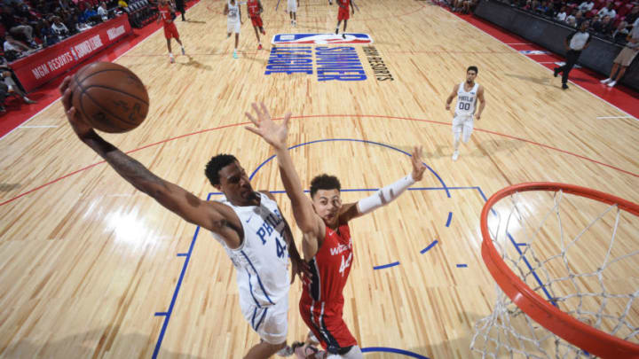 LAS VEGAS, NV - JULY 9: Chris McCullough #43 of the Philadelphia 76ers dunks the ball against the Washington Wizards during the 2018 Las Vegas Summer League on July 9, 2018 at the Thomas & Mack Center in Las Vegas, Nevada. NOTE TO USER: User expressly acknowledges and agrees that, by downloading and or using this Photograph, user is consenting to the terms and conditions of the Getty Images License Agreement. Mandatory Copyright Notice: Copyright 2018 NBAE (Photo by Garrett Ellwood/NBAE via Getty Images)