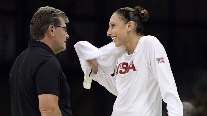 USA's guard Diana Taurasi (R) talks with USA's head coach Geno Auriemma during a Women's round Group B basketball match between USA and Senegal at the Youth Arena in Rio de Janeiro on August 7, 2016 during the Rio 2016 Olympic Games. / AFP / JAVIER SORIANO (Photo credit should read JAVIER SORIANO/AFP/Getty Images) USA's guard Diana Taurasi (R) talks with USA's head coach Geno Auriemma during a Women's round Group B basketball match between USA and Senegal at the Youth Arena in Rio de Janeiro on August 7, 2016 during the Rio 2016 Olympic Games. / AFP / JAVIER SORIANO (Photo credit should read JAVIER SORIANO/AFP/Getty Images)
