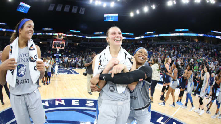 MINNEAPOLIS, MN- JULY 2: The Minnesota Lynx celebrate after the game against the Atlanta Dream on July 2, 2019 at the Target Center in Minneapolis, Minnesota NOTE TO USER: User expressly acknowledges and agrees that, by downloading and or using this photograph, User is consenting to the terms and conditions of the Getty Images License Agreement. Mandatory Copyright Notice: Copyright 2019 NBAE (Photo by David Sherman/NBAE via Getty Images)