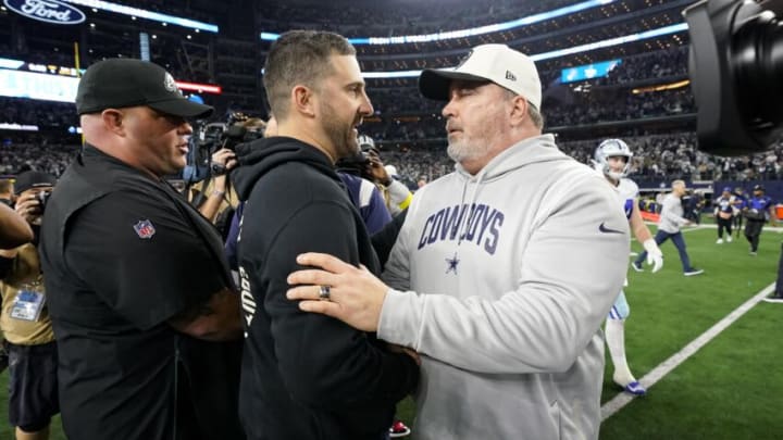 ARLINGTON, TEXAS - DECEMBER 24: Head coach Nick Sirianni of the Philadelphia Eagles and head coach Mike McCarthy of the Dallas Cowboys embrace after a game between the Dallas Cowboys and the Philadelphia Eagles at AT&T Stadium on December 24, 2022 in Arlington, Texas. (Photo by Sam Hodde/Getty Images)