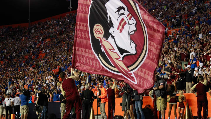 Nov 28, 2015; Gainesville, FL, USA; Florida State Seminoles cheerleader waves a Florida State Seminoles flag against the Florida Gators during the second half at Ben Hill Griffin Stadium. Florida State Seminoles defeated the Florida Gators 27-2. Mandatory Credit: Kim Klement-USA TODAY Sports