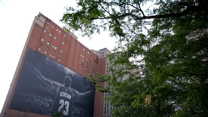 Jun 16, 2016; Cleveland, OH, USA; A view of the billboard with Cleveland Cavaliers forward LeBron James (not picture) outside of the arena before game six of the NBA Finals between the Golden State Warriors and the Cleveland Cavaliers at Quicken Loans Arena. Mandatory Credit: Peter Casey-USA TODAY Sports