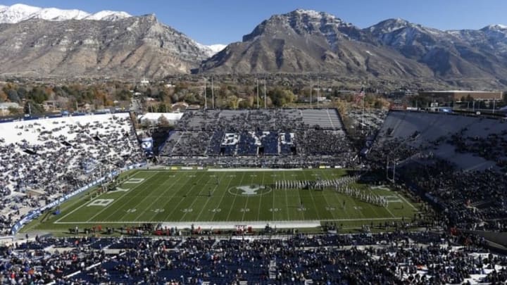Nov 21, 2015; Provo, UT, USA; Brigham Young Cougars get ready to take the field for their game against the Fresno State Bulldogs at Lavell Edwards Stadium. Mandatory Credit: Jeff Swinger-USA TODAY Sports