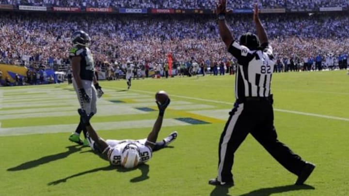 Sep 14, 2014; San Diego, CA, USA; San Diego Chargers tight end Antonio Gates (85) celebrates scoring the second of his three touchdowns against the Seattle Seahawks at Qualcomm Stadium. Mandatory Credit: Robert Hanashiro-USA TODAY Sports