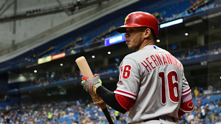 FanDuel MLB: ST PETERSBURG, FL - Cesar Hernandez #16 of the Philadelphia Phillies warms up prior to hitting a single during the top of the second inning against the Tampa Bay Rays on April 14, 2018 at Tropicana Field in St Petersburg, Florida. (Photo by Julio Aguilar/Getty Images)