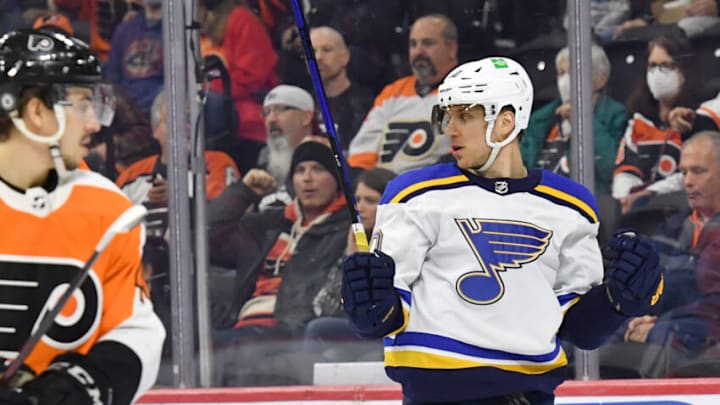 Feb 22, 2022; Philadelphia, Pennsylvania, USA; St. Louis Blues center Brayden Schenn (10) celebrates his goal against the Philadelphia Flyers during the first period at Wells Fargo Center. Mandatory Credit: Eric Hartline-USA TODAY Sports