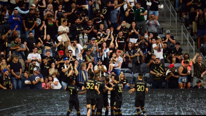 Jul 17, 2021; Los Angeles, CA, Los Angeles, CA, USA; Los Angeles FC celebrate the goal scored by forward Diego Rossi (9) against Real Salt Lake during the first half at Banc of California Stadium. Mandatory Credit: Gary A. Vasquez-USA TODAY Sports