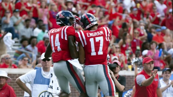 Sep 10, 2016; Oxford, MS, USA; Mississippi Rebels wide receiver D.K. Metcalf (14) and Mississippi Rebels tight end Evan Engram (17) celebrate during the first half against the Wofford Terriers at Vaught-Hemingway Stadium. Mandatory Credit: Justin Ford-USA TODAY Sports