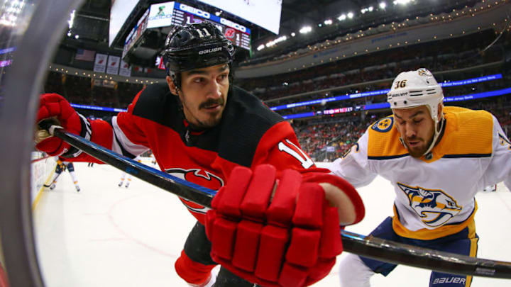 NEWARK, NJ - OCTOBER 25: New Jersey Devils center Brian Boyle (11) skates during the National Hockey League Game between the New Jersey Devils and the Nashville Predators on October 25, 2018 at the Prudential Center in Newark, NJ. (Photo by Rich Graessle/Icon Sportswire via Getty Images)