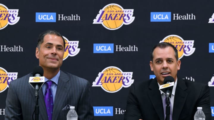 EL SEGUNDO, CALIFORNIA - MAY 20: Los Angeles Lakers General Manager Rob Pelinka sits with new head coach Frank Vogel as he speaks to media at a press conference at UCLA Health Training Center on May 20, 2019 in El Segundo, California. (Photo by Harry How/Getty Images)