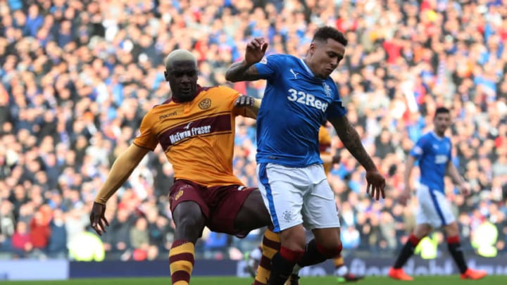 GLASGOW, SCOTLAND - OCTOBER 22: James Tavernier of Rangers vies with Cedric Kipre of Motherwell during the Betfred League Cup Semi Final between Rangers and Motherwell at Hampden Park on October 22, 2017 in Glasgow, Scotland. (Photo by Ian MacNicol/Getty Images)