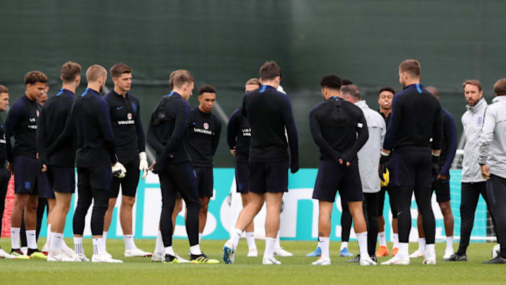 England manager Gareth Southgate with players during the training session at Spartak Zelenogorsk Stadium. (Photo by Owen Humphreys/PA Images via Getty Images)