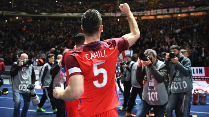 BERLIN, GERMANY - MARCH 26: Gary Cahill of England applauds away supporters after his team's 3-2 win in the International Friendly match between Germany and England at Olympiastadion on March 26, 2016 in Berlin, Germany. (Photo by Matthias Hangst/Bongarts/Getty Images)