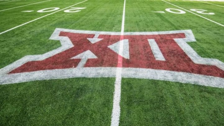 Oct 3, 2015; Arlington, TX, USA; A view of the Big 12 logo on the field after the game between the Baylor Bears and the Texas Tech Red Raiders at AT&T Stadium. The Bears defeat the Red Raiders 63-35. Mandatory Credit: Jerome Miron-USA TODAY Sports