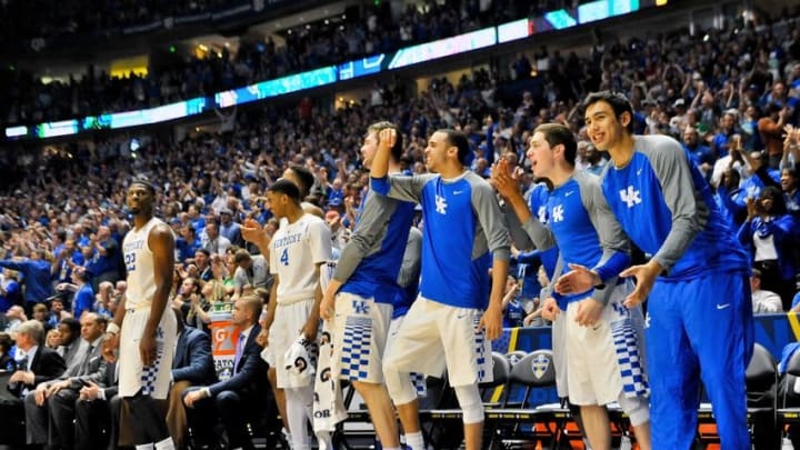 Mar 12, 2016; Nashville, TN, USA; Kentucky Wildcats bench cheers after their team scored against the Georgia Bulldogs during the second half of game eleven of the SEC tournament at Bridgestone Arena. Kentucky won 93-80. Mandatory Credit: Jim Brown-USA TODAY Sports
